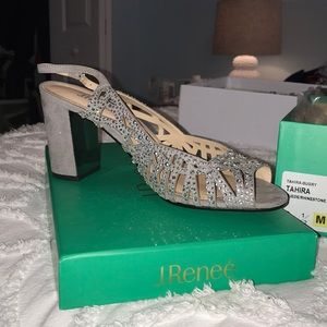 J. Reneé Taupe Suede Rhinestone Slingback Heels